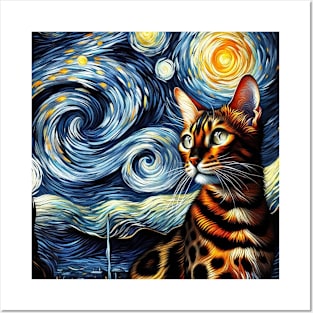 Starry Night Style Bengal Cat Breed Painting T-Shirt Posters and Art